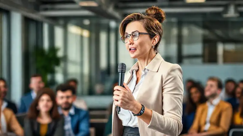 Mujer profesional hablando en entorno dinámico