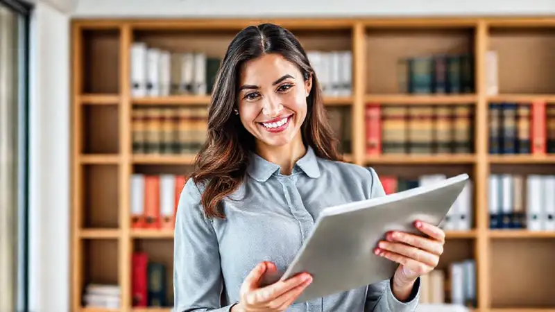 Mujer joven revisando documentos en oficina moderna