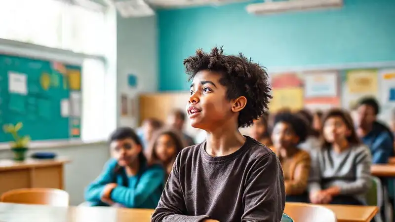 Estudiante confiado en aula, ambiente inspirador