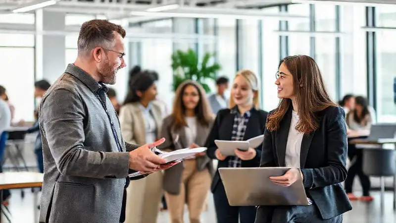 Mentor y mentee conversan en oficina moderna