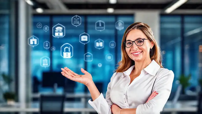 Mujer profesional en oficina moderna y tecnológica