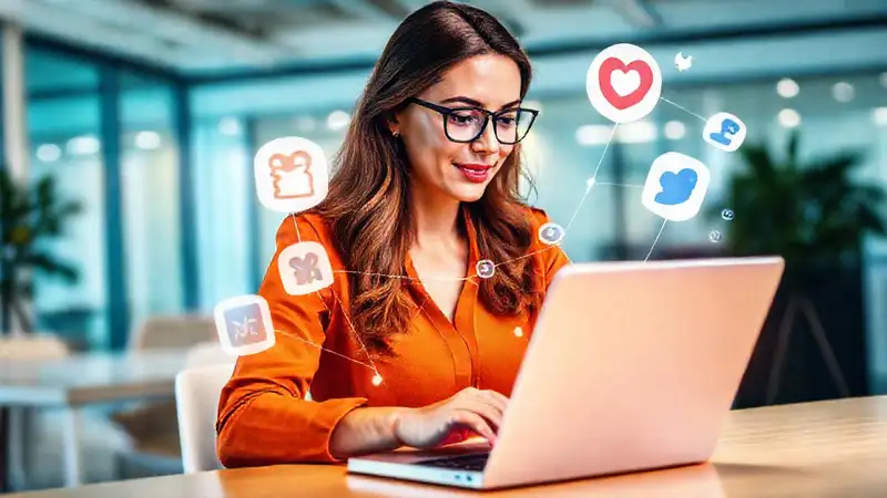 Mujer profesional conecta en red digital
