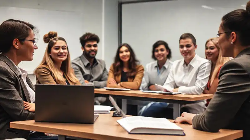 Estudiantes debaten en aula moderna y organizada