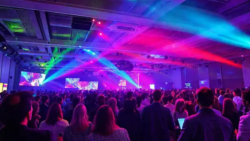 Evento empresarial vibrante con networking y presentaciones