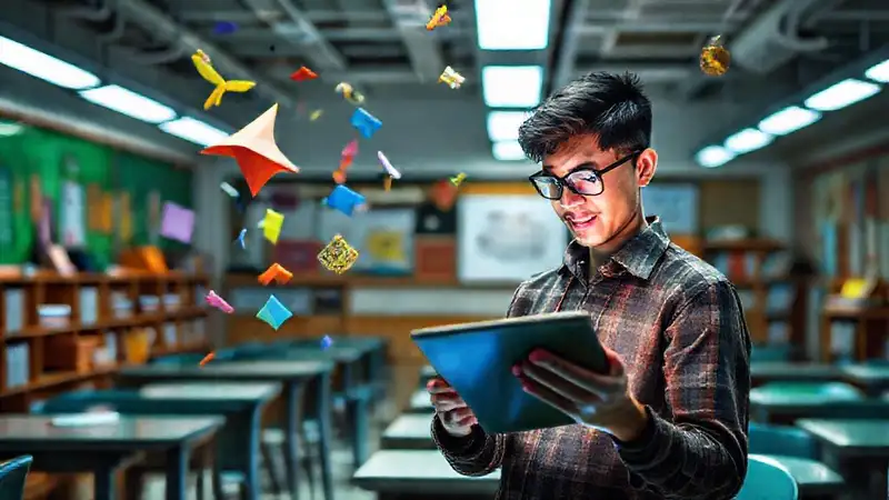 Estudiante moderno con tablets en aula futurista