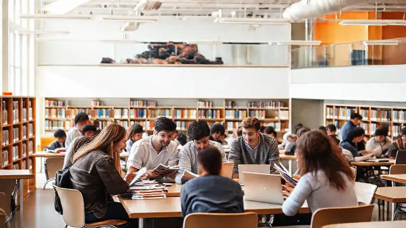 Estudiantes colaborando en biblioteca moderna