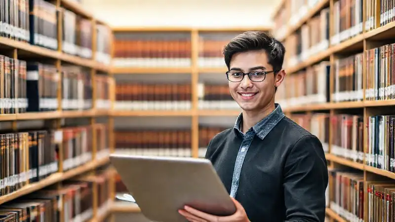 Estudiante universitario de derecho estudiando en biblioteca