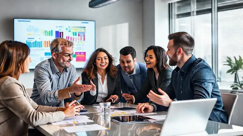 Profesionales colaborando en una reunión moderna