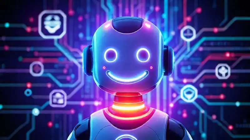 Interfaz digital futurista con chatbot sonriendo