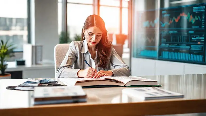 Mujer profesional estudiando con determinación y enfoque