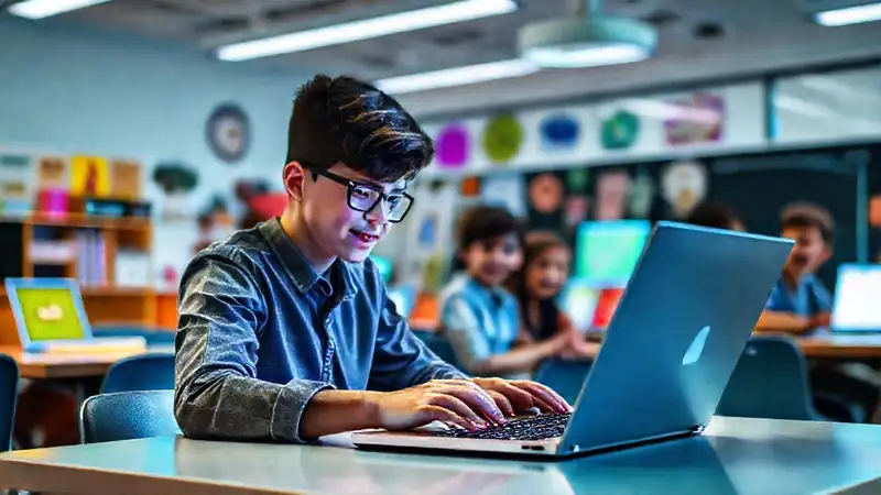 Estudiantes usan laptops en aula vibrante digital