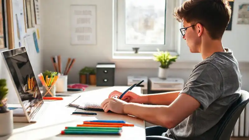Estudiante organizado y motivado en luz natural