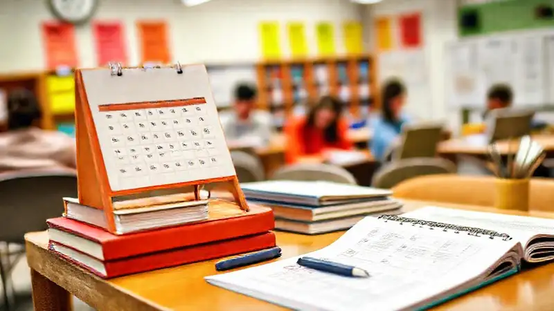 Mesa organizada con libros y estudiante estudiando