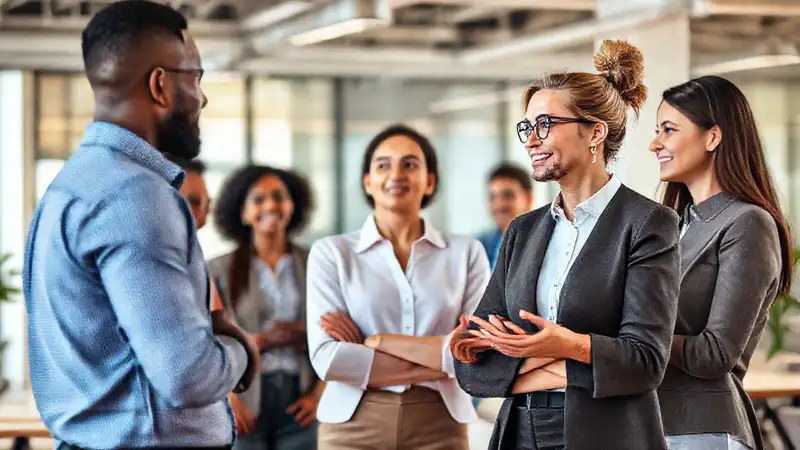 Mujer profesional dialoga en equipo positivo