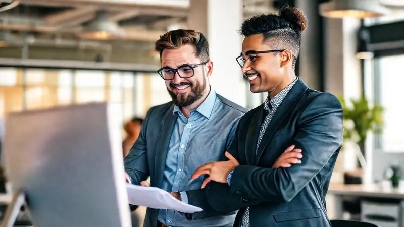 Contador guía a joven en oficina moderna