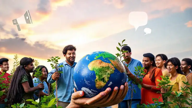 Campaña ambiental con personas plantando árboles