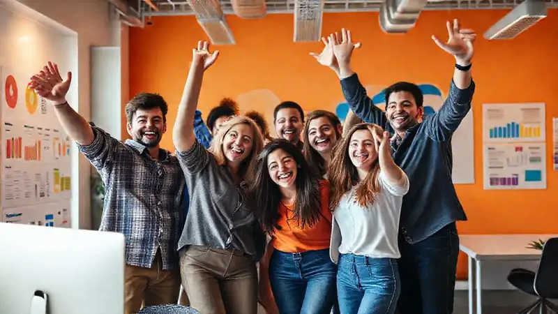Equipo exitoso celebra en oficina moderna y vibrante