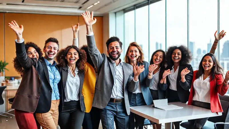Profesionales diversos celebran éxito en oficina moderna