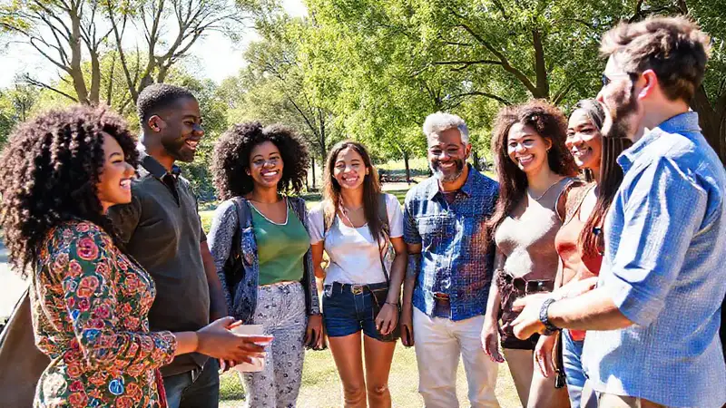Personas diversas socializando en un parque