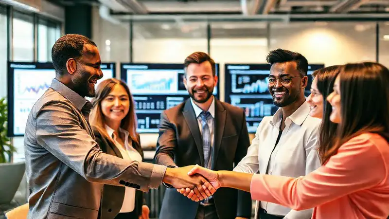 Reunión profesional con sonrisas y gráficos positivos