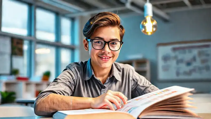Estudiante estudia en aula moderna y colorida