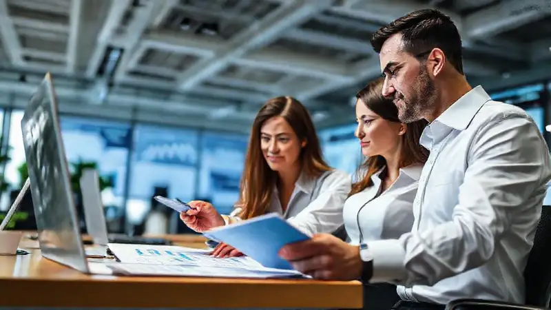 Profesionales analizando datos en oficina moderna