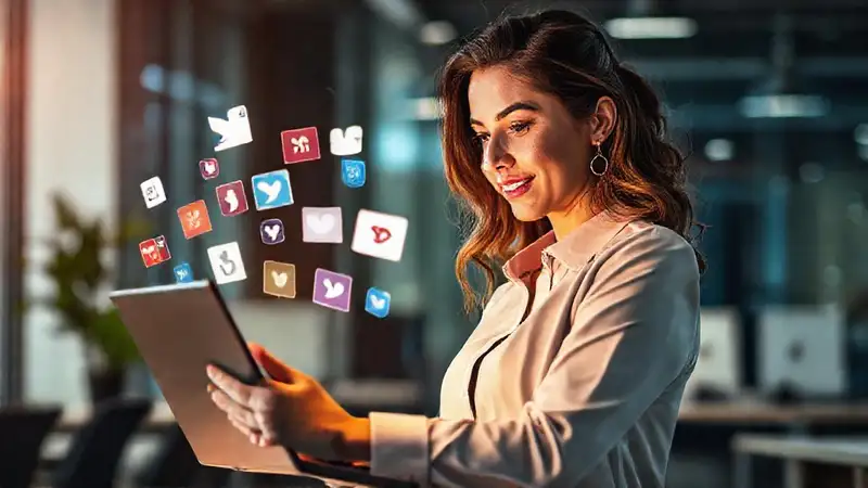Mujer segura usa laptop en oficina moderna