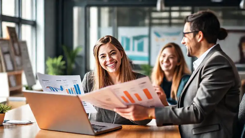 Mujer empresaria feliz en oficina moderna