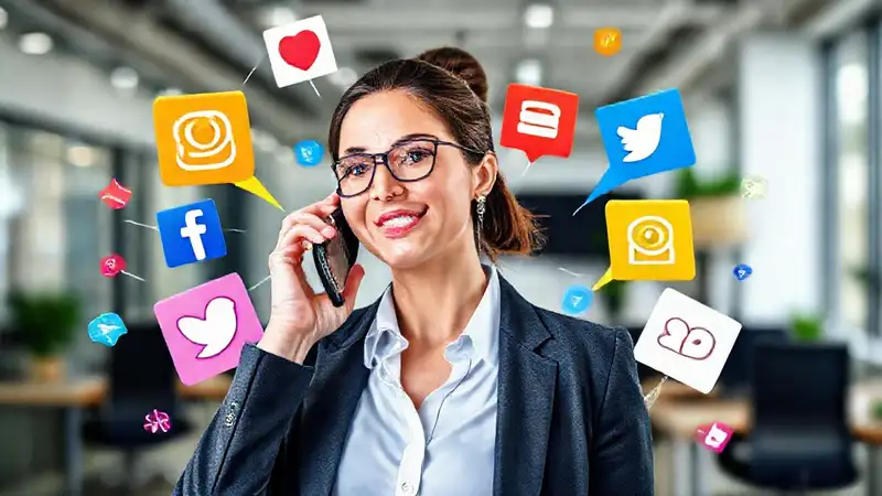 Mujer hablando con confianza en oficina digital