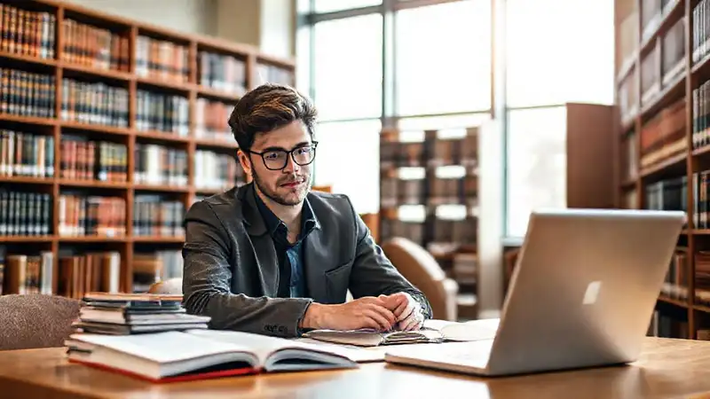 Estudiante estudiando en biblioteca moderna y ordenada