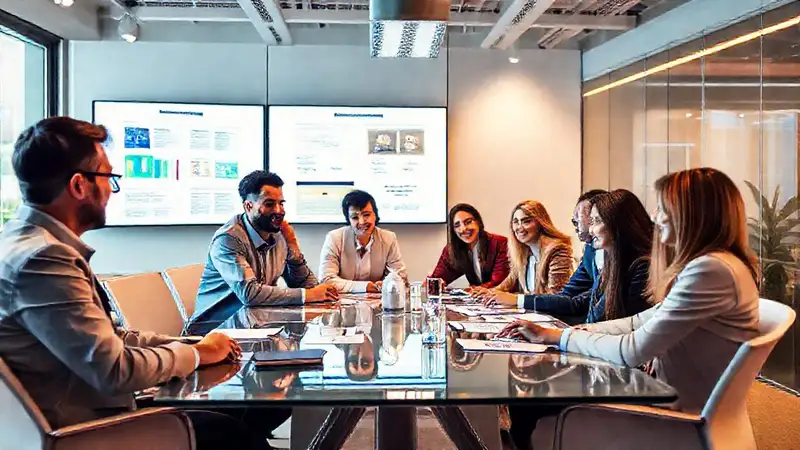 Profesionales colaborando en una reunión moderna