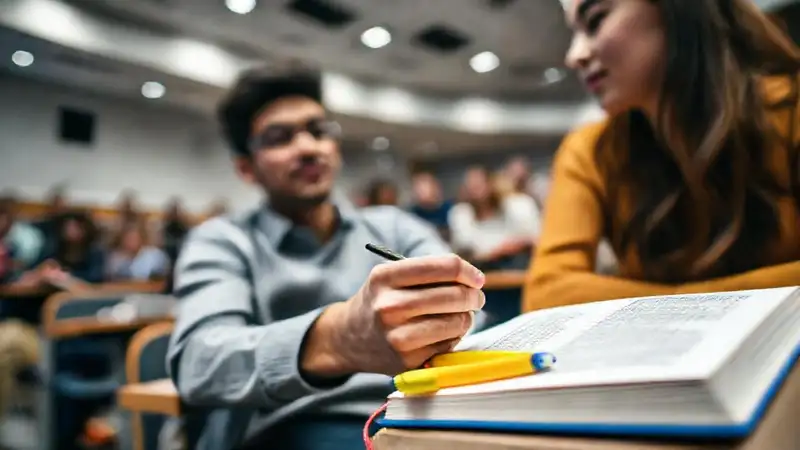 Estudiante tomando notas en aula moderna