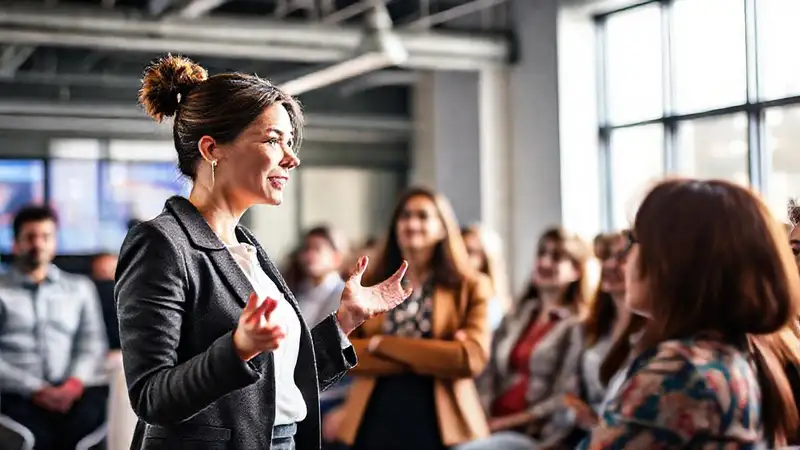 Mujer profesional presenta en oficina moderna
