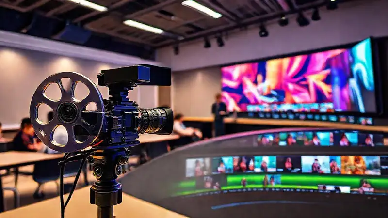 Ambiente creativo con equipo audiovisual y clases
