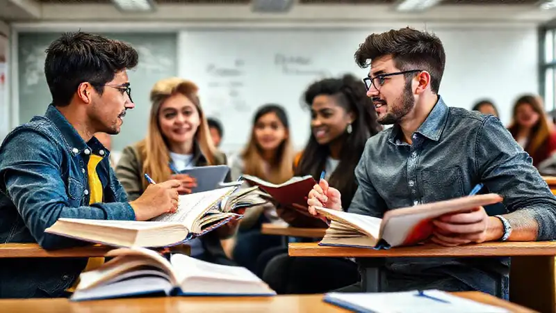 Estudiantes debates y escribe en clase