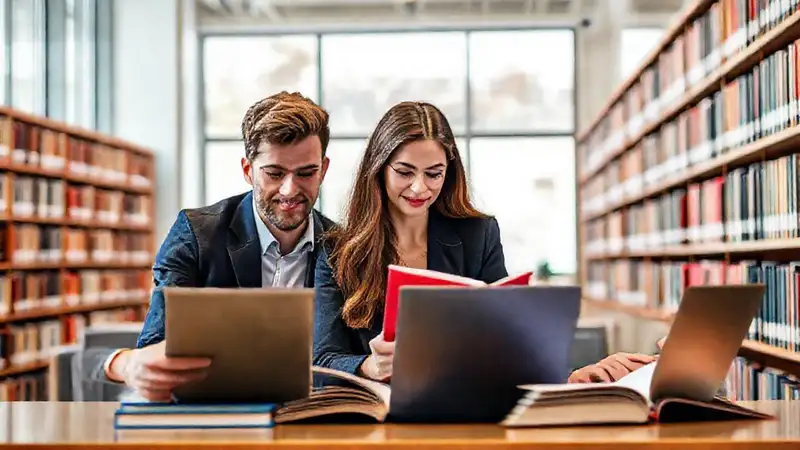 Estudiantes, libros, laptops en biblioteca moderna