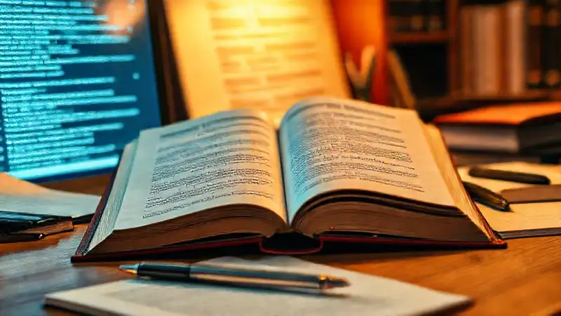 Libro abierto con citas resaltadas y ordenador