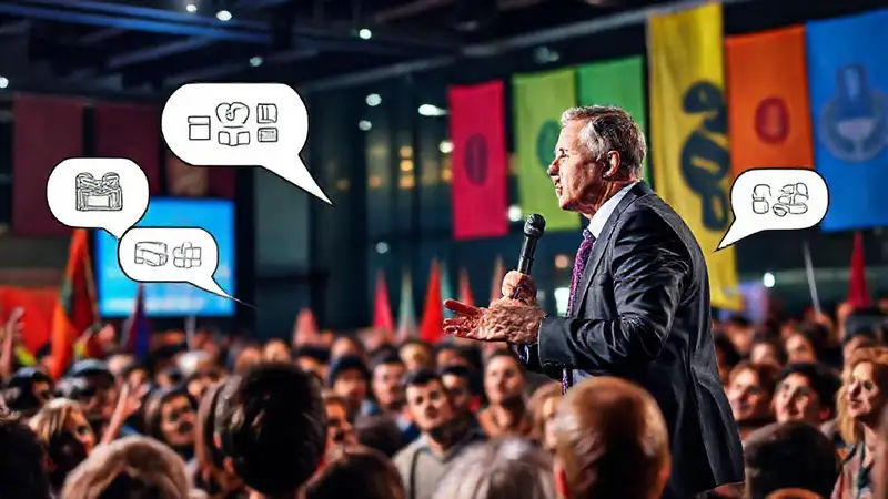 Orador político inspira a multitud en escenario urbano