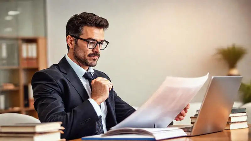 Abogado revisa documentos en oficina moderna