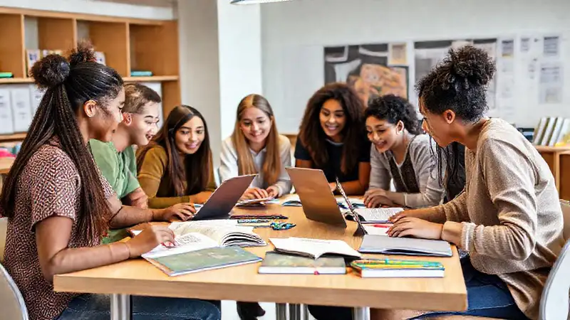 Estudiantes colaborando en aula moderna