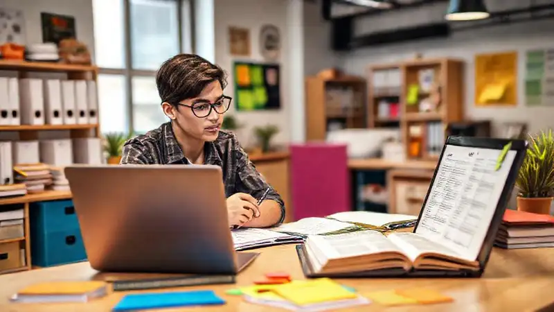 Estudiante organizado con materiales y motivación