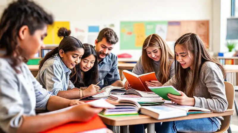 Estudiantes colaborando en aula inspiradora y colorida