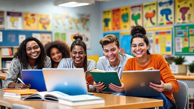 Estudiantes felices en aula vibrante y diversa
