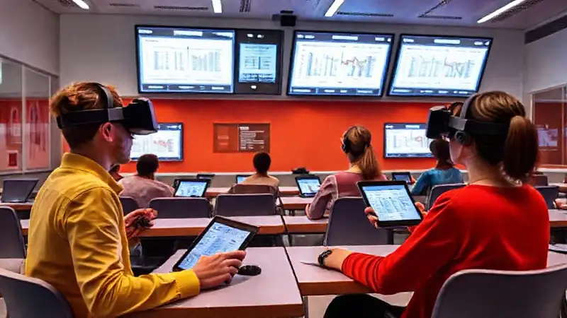 Aula moderna con tecnología y pantallas digitales