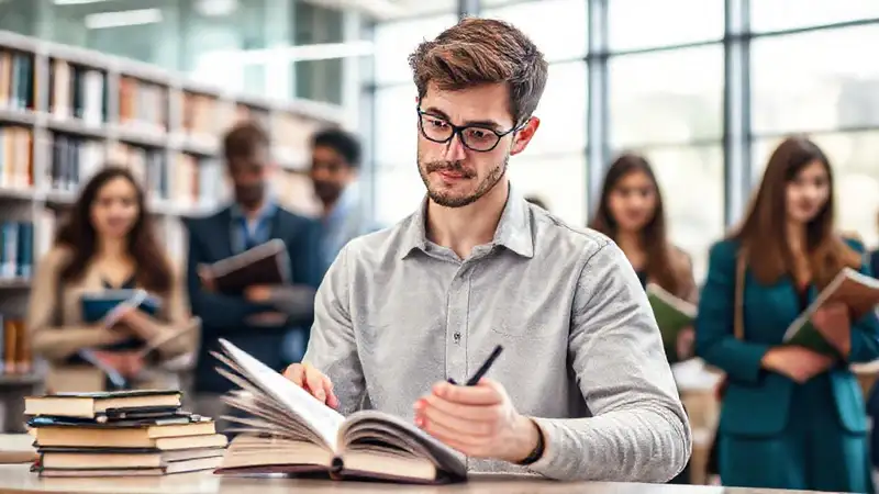 Estudiante de derecho en biblioteca moderna