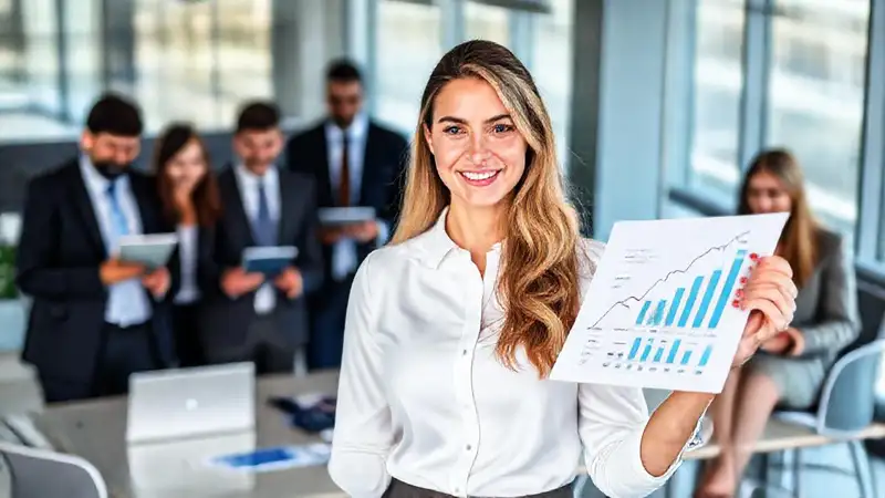 Mujer profesional presenta gráficos financieros en oficina