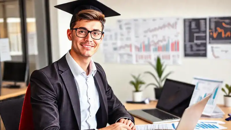 Joven profesional en oficina con gráficos y Laptop