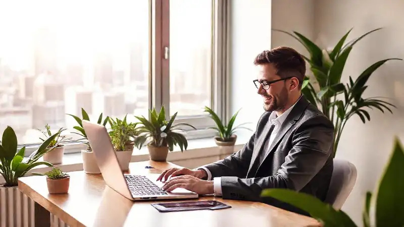 Contador moderno trabajando en oficina luminosa y ordenada