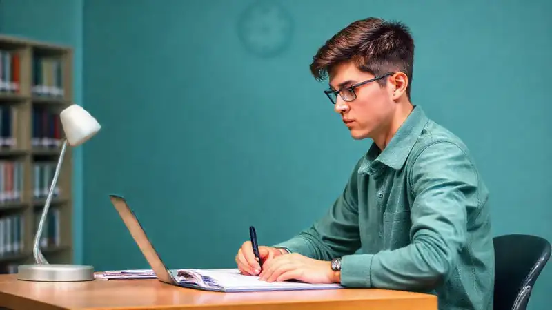 Estudiante calmado y organizado en biblioteca