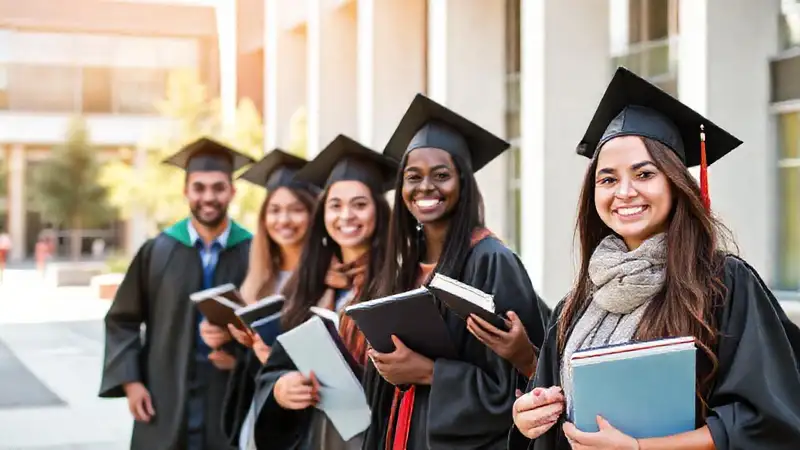 Estudiantes graduándose felices en campus universitario